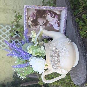 Cream Decorative Teapot Planter with Lavender and Rose Accents with Shadow Box